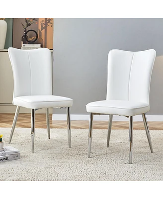 Modern minimalist dining chairs, office chairs. 2piece set of white Pu seats with silver metal legs. Suitable for restaurants, living rooms, and offic