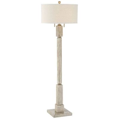 Barnes and Ivy Baluster Traditional Country Cottage Natural Standing Floor Lamp 63.5" Tall Rustic Whitewashed Pickled Wood Oatmeal Linen Fabric Drum S