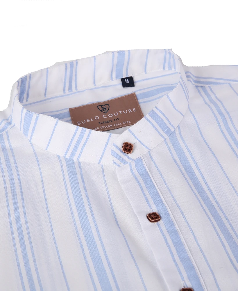 Suslo Couture Men's Linen Stripped Banded Collar Button Up
