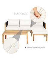 3 Pieces Patio Acacia Wood Sofa Conversation Sets with Nylon Rope Armrest