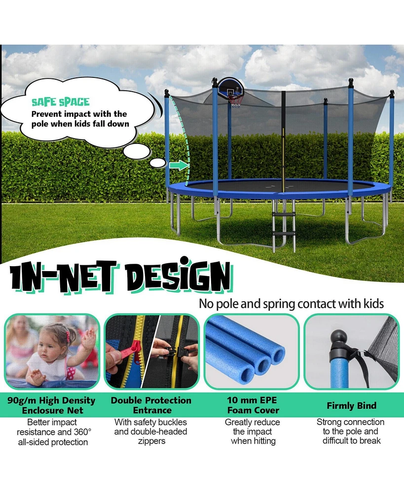 Outdoor Recreational Trampoline with Ladder and Enclosure Net-12 ft