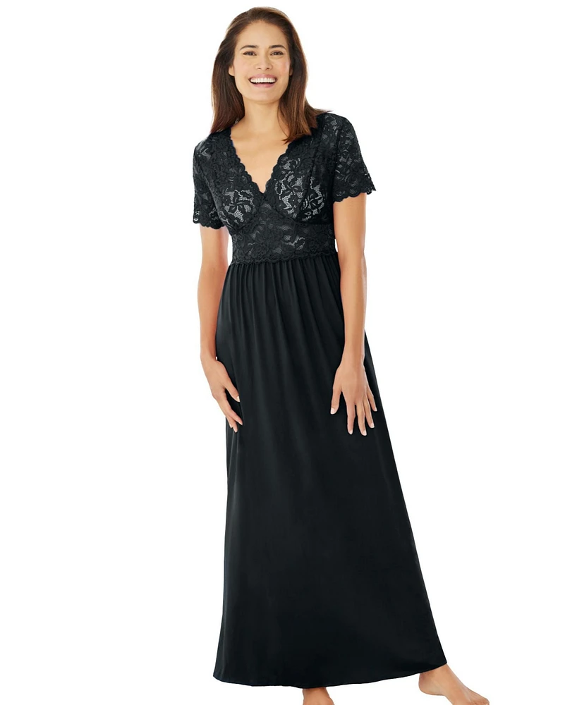 Amoureuse Women's Plus Long Lace Top Stretch Knit Gown
