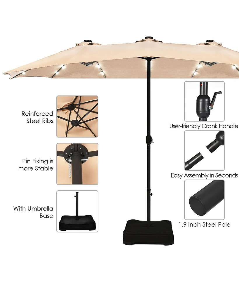 15Ft Patio Double-Sided Solar Led Market Umbrella Crank Base