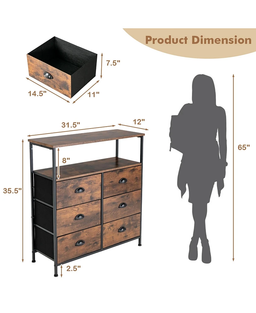 6-Drawer Dresser 2-Tier Fabric Storage Tower w/wooden Top Chest Organizer