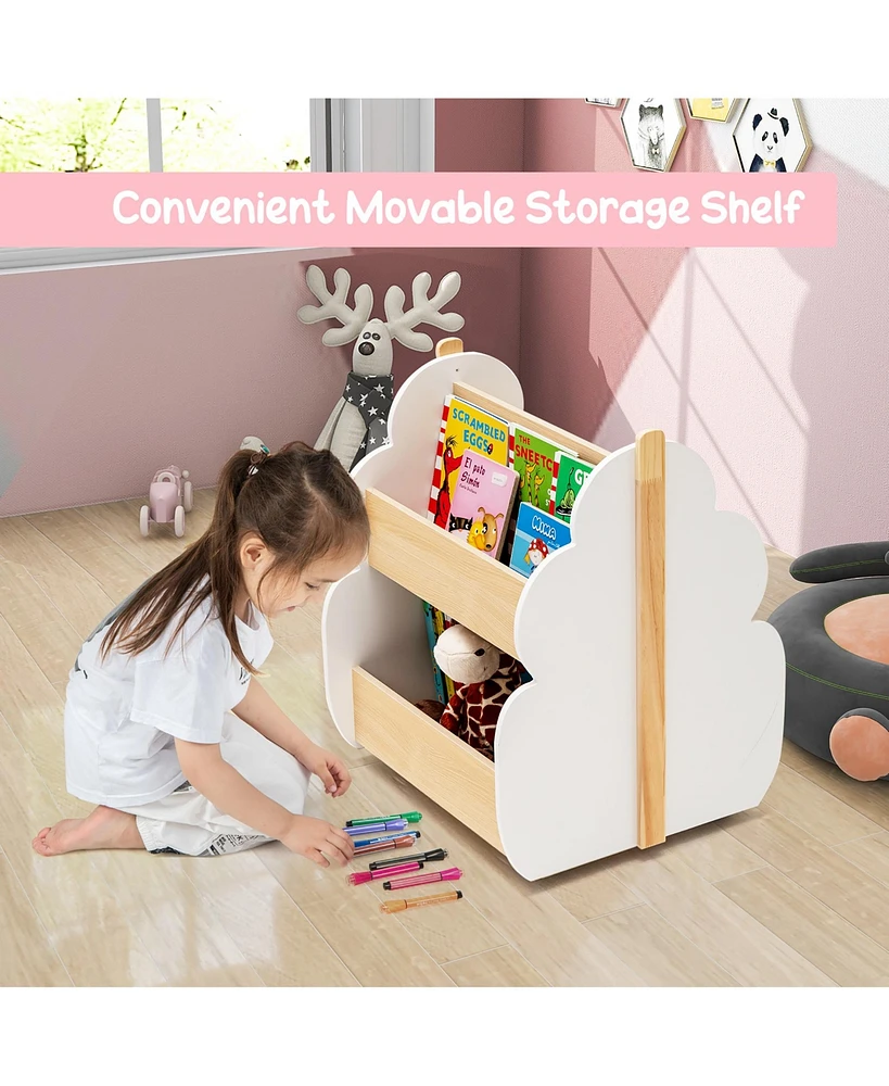 Kids Wooden Bookshelf with Wheels 2-Tier Toy Storage Shelf Double-sided Bookcase