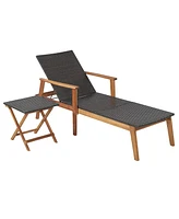 Costway 2PCS Patio Rattan Lounge Chair Chaise Recliner Wood Back Adjust W/Folding Table