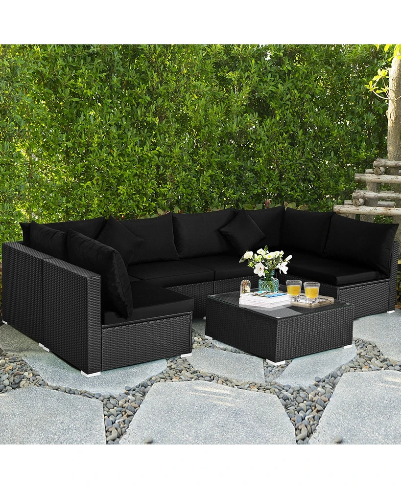 Gymax 7PCS Rattan Patio Conversation Set Sectional Furniture Set w/ Cushion