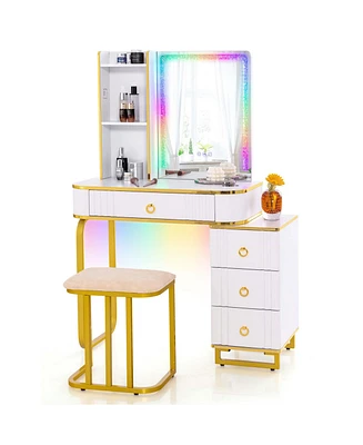 Vanity Table Set with Rgb Led Lights Crystal Crush Diamond Mirror Drawers
