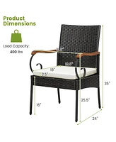 4PCS Patio Pe Wicker Chairs Acacia Wood Armrests with Soft Zippered Cushion Garden