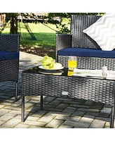 4PCS Patio Rattan Furniture Set Cushioned Sofa Coffee Table Backyard