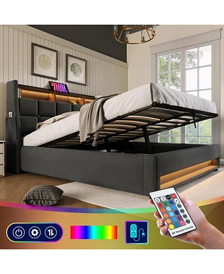 Queen Upholstered Platform Bed with Storage, Led, Usb