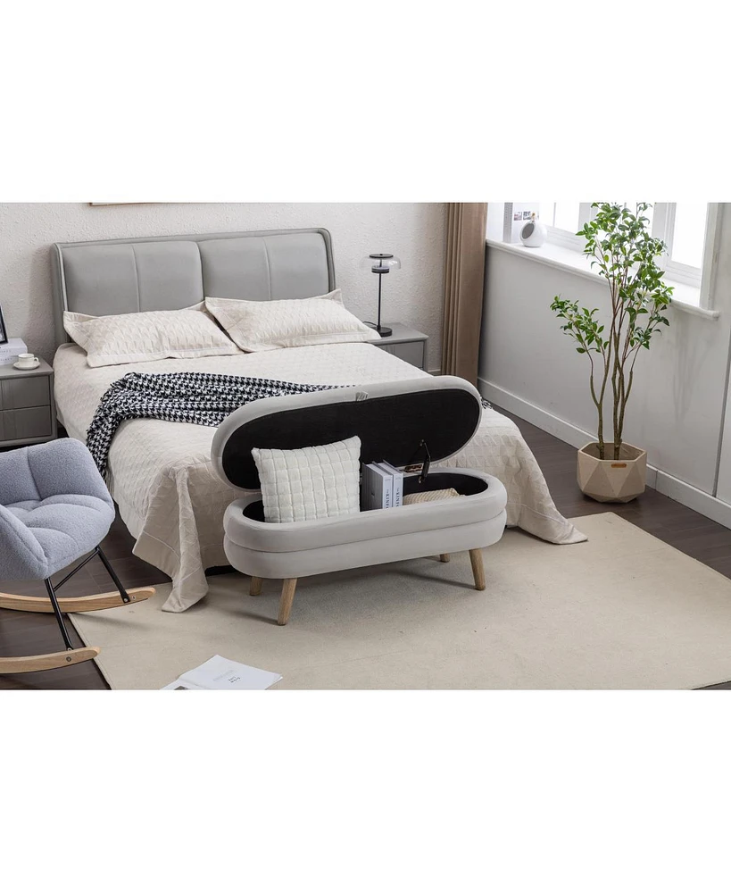 Velvet Fabric Storage Bench Bedroom Bench With Wood Legs For Living Room Bedroom Indoor, Light Gray