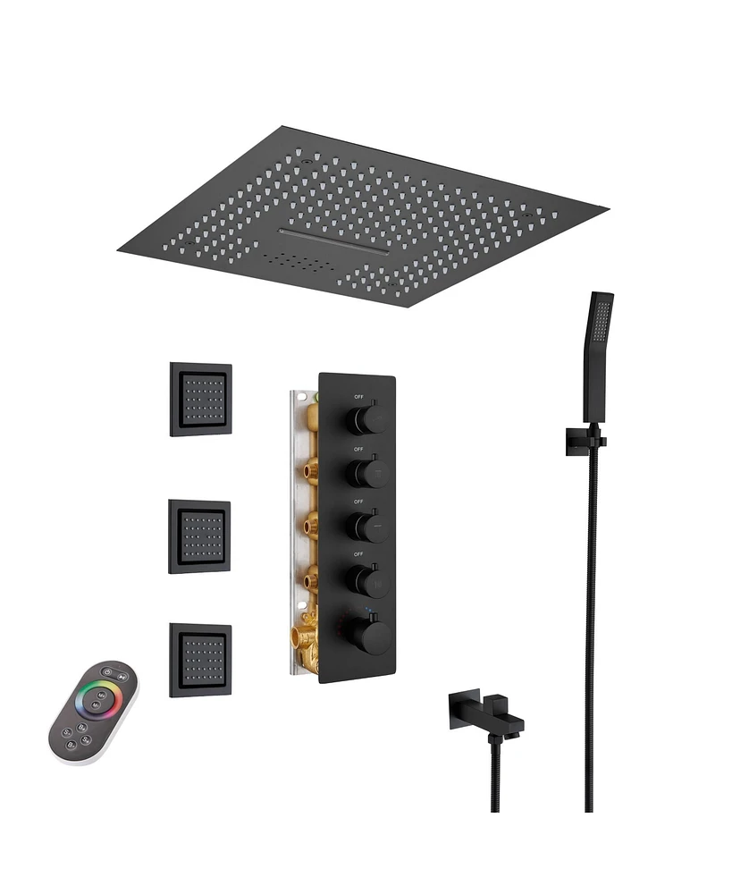 Mondawe 16" Ceiling Mounted Led Music Thermostatic Shower System Set with Handheld Spray & 3 Body Jets, Brushed Gold