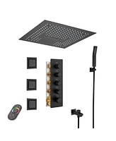 Mondawe 16" Ceiling Mounted Led Music Thermostatic Shower System Set with Handheld Spray & 3 Body Jets, Brushed Gold