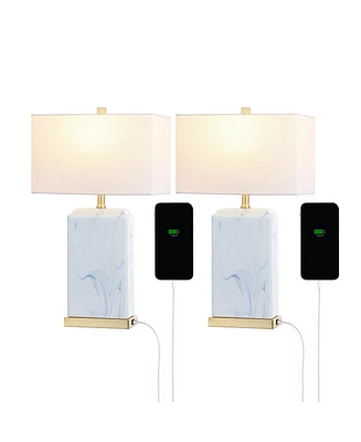 Jonathan Y Chloe 24.5" Modern Coastal Iron/Marbled Ceramic Led Table Lamp with Usb Charging Port, Blue/White (Set of 2)