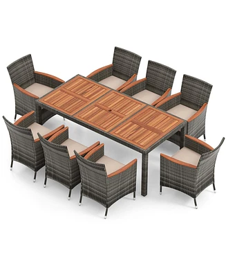9 Pieces Outdoor Wicker Dining Set with Acacia Wood Table and 8 Armchairs