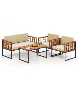 4 Pcs Acacia Wood Outdoor Sofa Set with Heavy Duty Metal Frame Soft Seat