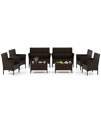 8 Pcs Patio Furniture Set with Washable Cushions and Tempered Glass Coffee Table
