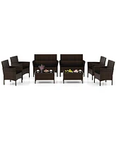 8 Pcs Patio Furniture Set with Washable Cushions and Tempered Glass Coffee Table