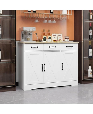 White Farmhouse Buffet Cabinet with Drawers and Doors