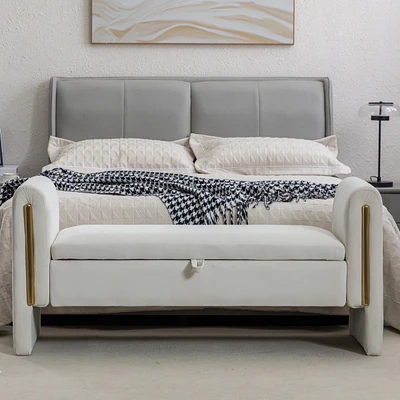 Ivory Velvet Storage Bench with Gold Trim Strip