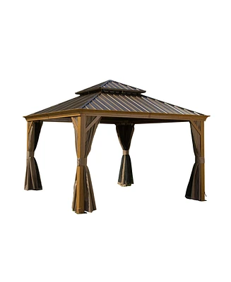 Mondawe 12x12ft Hardtop Gazebo, Wooden Coated Aluminum Frame Canopy with Galvanized Steel Double Roof, Outdoor Permanent Metal Pavilion with Curtains