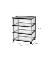Iris Plastic 3 Drawer Wide Storage Cart with 4 Caster Wheels, Black