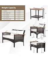 7PCS Patio Rattan Furniture Set Cushioned Loveseat Sofa Ottoman Table
