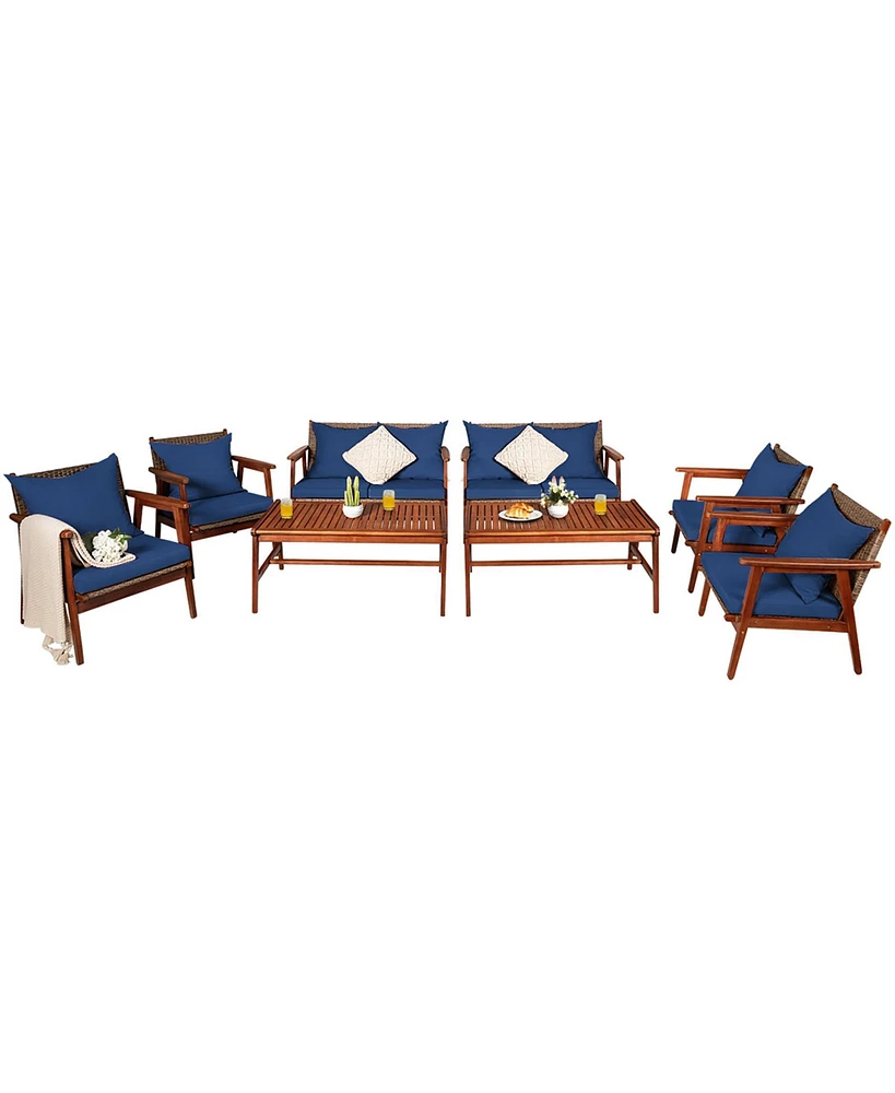 8PCS Patio Rattan Furniture Set Acacia Wood Frame Cushioned Sofa Chair Navy