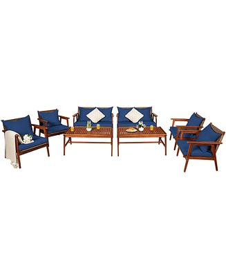 8PCS Patio Rattan Furniture Set Acacia Wood Frame Cushioned Sofa Chair Navy