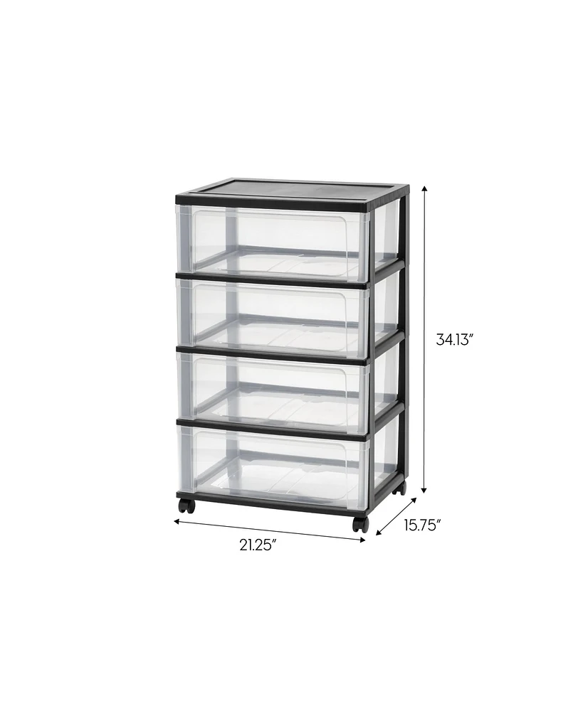Iris Plastic 4 Drawer Wide Storage Cart with 4 Caster Wheels, Black