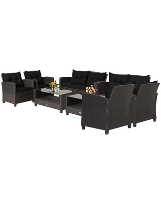 8 Pcs Patio Rattan Furniture Set Glass Table Shelf Sofa Cushion Black