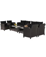 8 Pcs Patio Rattan Furniture Set Glass Table Shelf Sofa Cushion Black