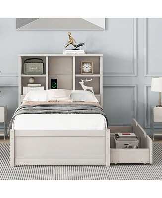 Modern Twin Size Bed Frame With Built-in Usb Port on Bookcase Headboard and 2 Drawers for White Washed Color