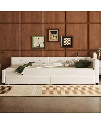 Queen Size Upholstered Platform Bed with Usb and 2 Drawers, Beige
