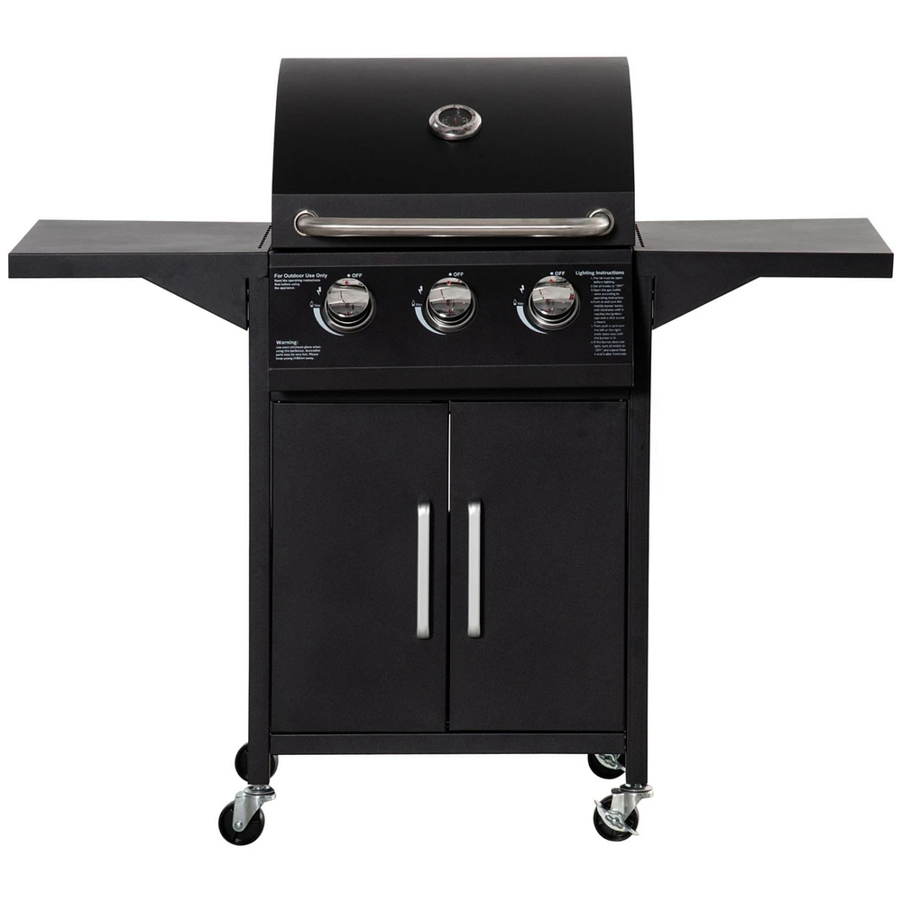 Outsunny 3 Burner Gas Grill w/ Wheels, Storage Shelves, Thermometer,