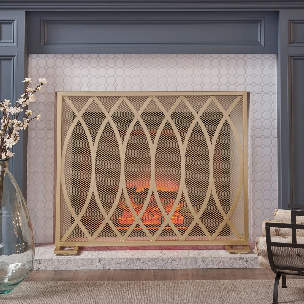 Minimalist Single Panel Fire Screen with Overlapping Lens Pattern, Gold
