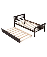 Twin Bed with Trundle, Platform Bed Frame with Headboard and Footboard, for Bedroom Small Living Space, No Box Spring Needed, Espresso