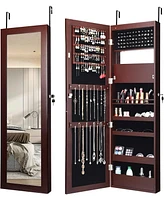 Sugift Lockable Wall Door Mounted Mirror Jewelry Cabinet with Led Lights