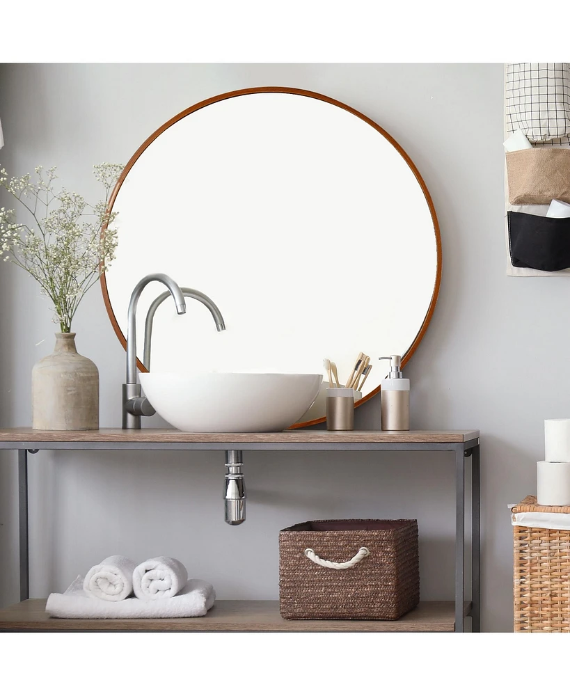 Aquaterior 24" Round Wall Mirror Wooden Frame Farmhouse Hanging Bathroom Decor