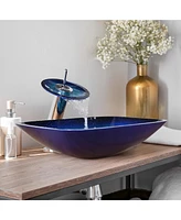 Aquaterior Tempered Glass Sink Transitional Style Basin Waterfall Faucet Kit
