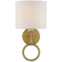 Amidon Modern Indoor Wall Mount Lamp Warm Brass Metal Ring Plug In Light Fixture Dimmable White Drum Shade for Bedroom Bedside House Reading Living Ro