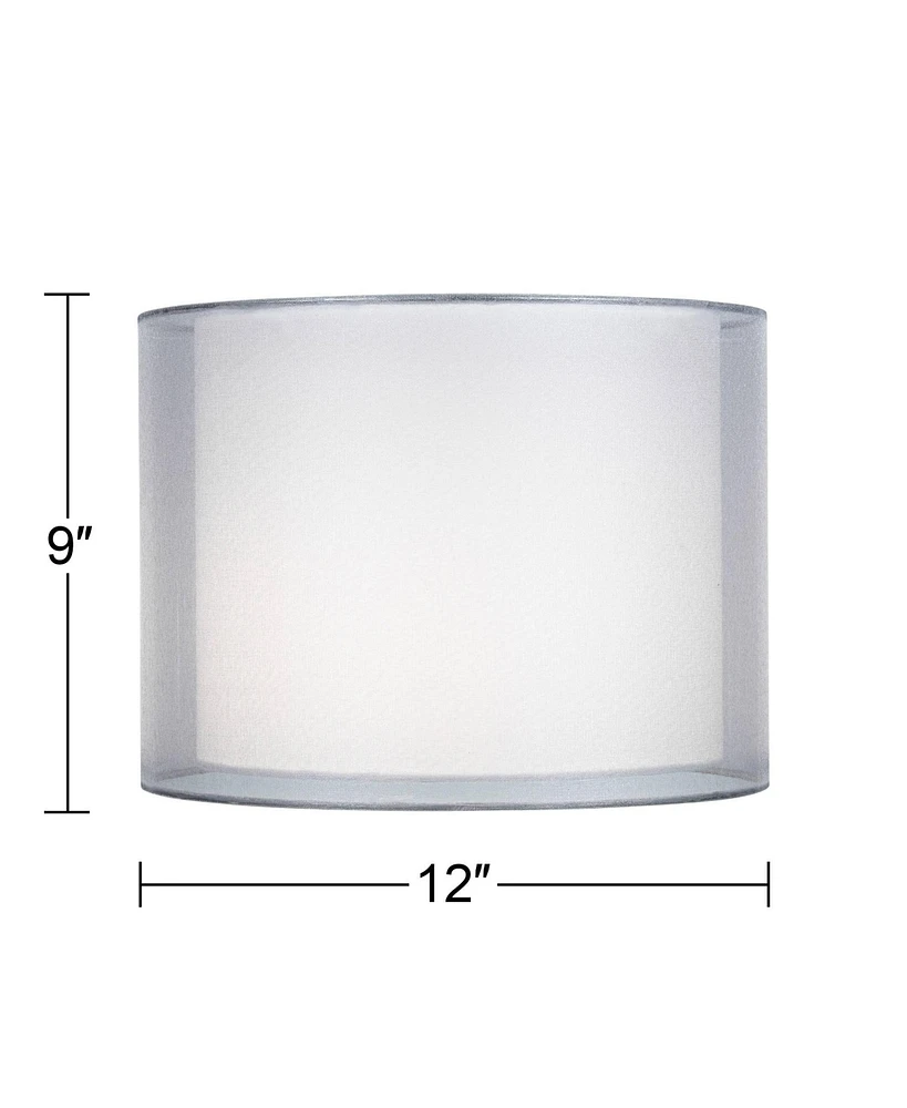 Silver and White Double Sheer Medium Drum Lamp Shade 12" Top x 12" Bottom x 9" High (Spider) Replacement with Harp and Finial