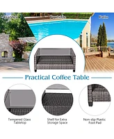 8PCS Patio Rattan Furniture Set Coffee Table Cushioned Sofa Garden Lawn Gray