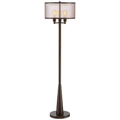 Durango Rustic Farmhouse Vintage Standing Floor Lamp 3-Light 62" Tall Oiled Bronze Brown Sheer Shade Antique Led Edison Bulbs for Living Room Rea