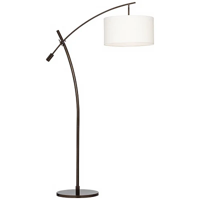 Raymond Modern Arched Floor Lamp Standing 69" Tall Bronze Brown Metal Slim Profile Off-White Linen Drum Shade Adjustable Boom Arm for Living Room