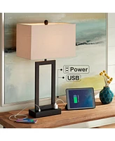 Todd Modern Minimalist Table Lamp with Usb and Ac Power Outlet in Base 30" Tall Bronze Rectangular Oatmeal Fabric Shade for Living Room Bedroom H