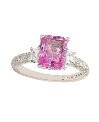 Pink Sapphire & Created White Emerald-cut Bridal Ring Sterling Silver by Suzy Levian