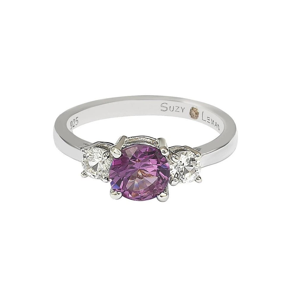 Suzy Levian Sterling Silver Sapphire & Created White 3 Stone Bridal Ring