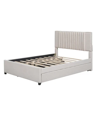 Full Size Upholstered Platform Bed With 2 Drawers And 1 Twin Size Trundle, Classic Headboard Design